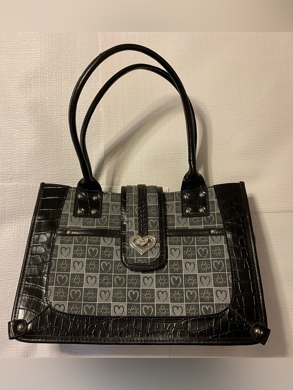 Brighton Black Heart-Accent Tote Bag with Gray Pattern